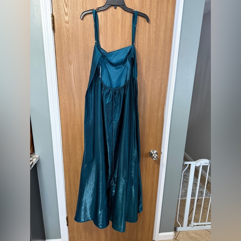 Lulus Aura Shiny Dark Teal Taffeta Maxi Dress With Pockets size medium - Picture 8 of 15